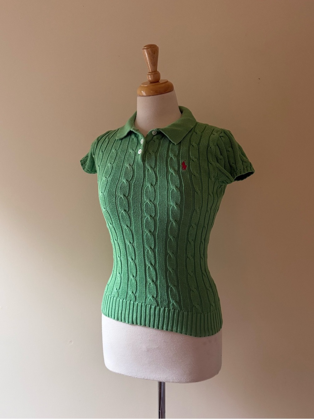 Ralph Lauren Green Cable Knit Polo Sweater Top Size S